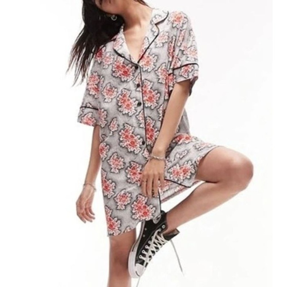 Topshop Women's Souvenir Button Front Floral Linen Blend Shirt Dress Red Black 8